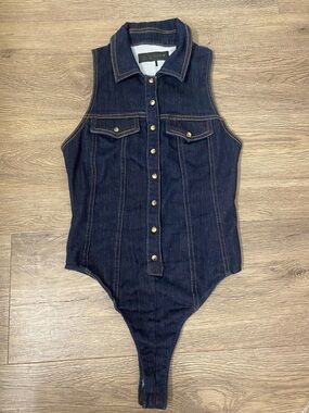 ZARA Dark Blue Stretch Denim Snap-Front One Piece Bodysuit with front Pockets